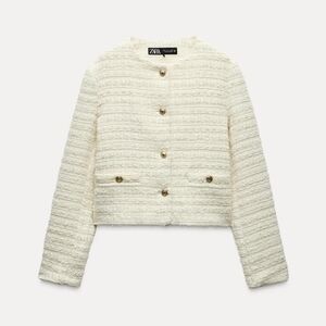 Zara Ivory Textured Blazer with Gold Accents, Size large